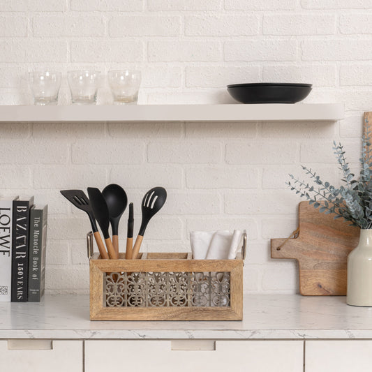 Mango wood storage/cutlery caddy